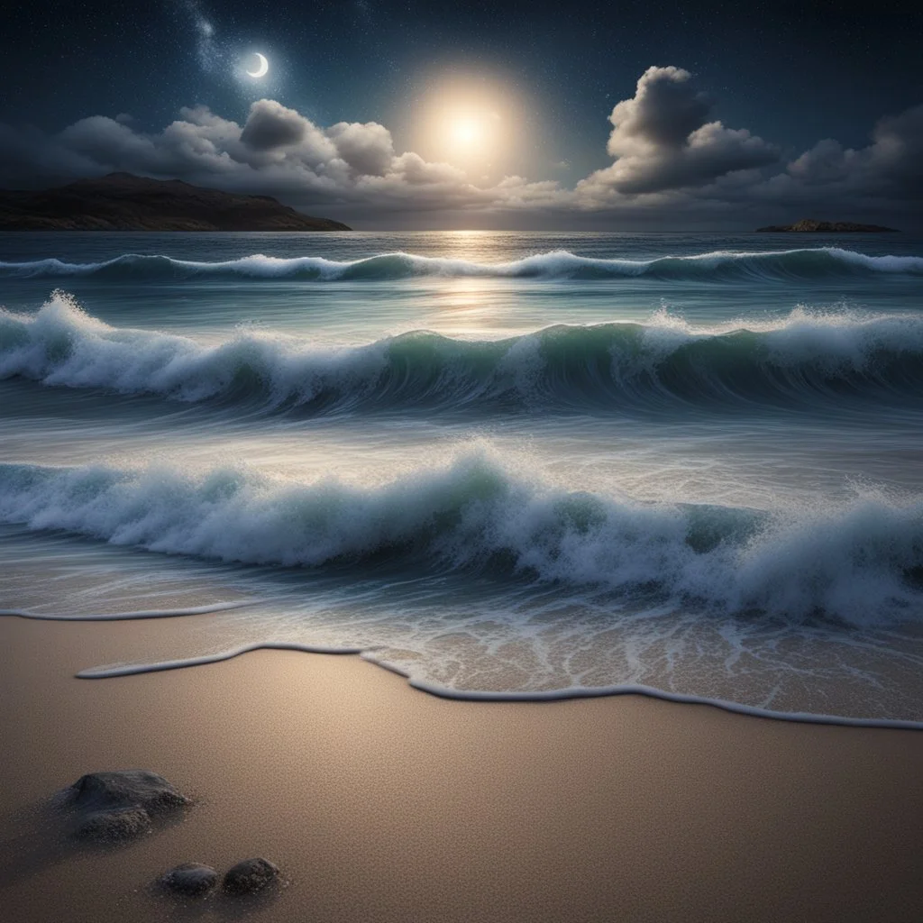 Hyper Realistic waves & seashore beach with night sky