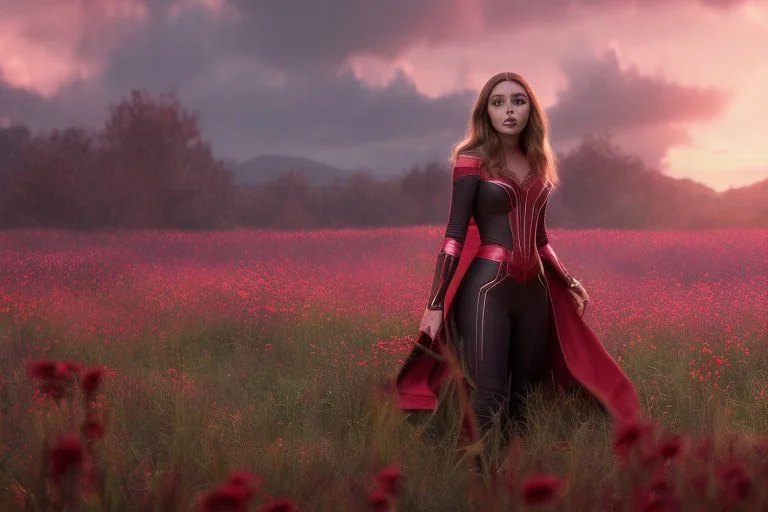 Feiticeira escarlate, Elizabeth Olsen, feiticeira, magia, bonita, cenário em um campo de flores, cinematográfico, dramático, por do sol, campo de flores, cores frias