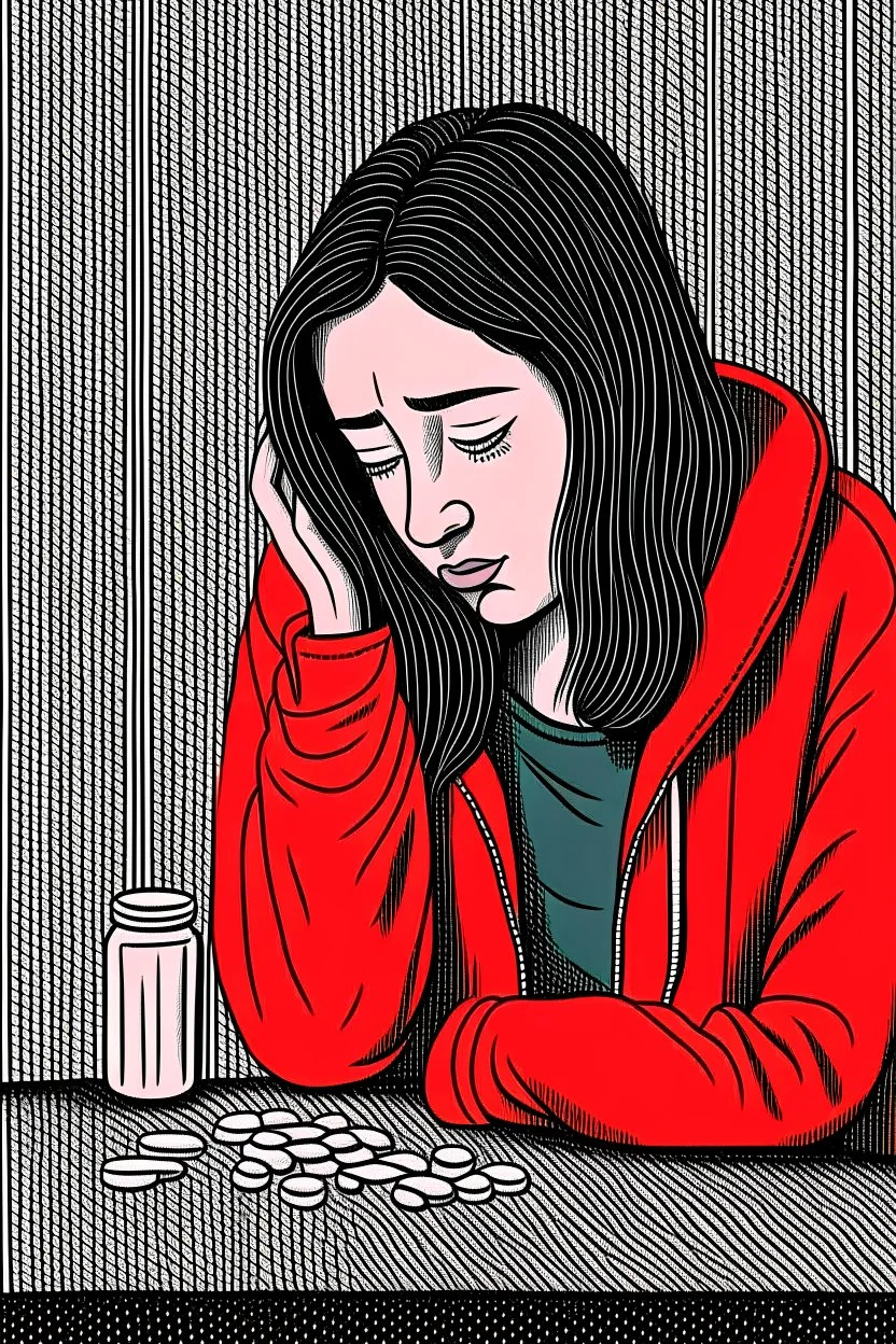 Ilustrasi seorang perempuan yang sedang depresi meminum obat obatan