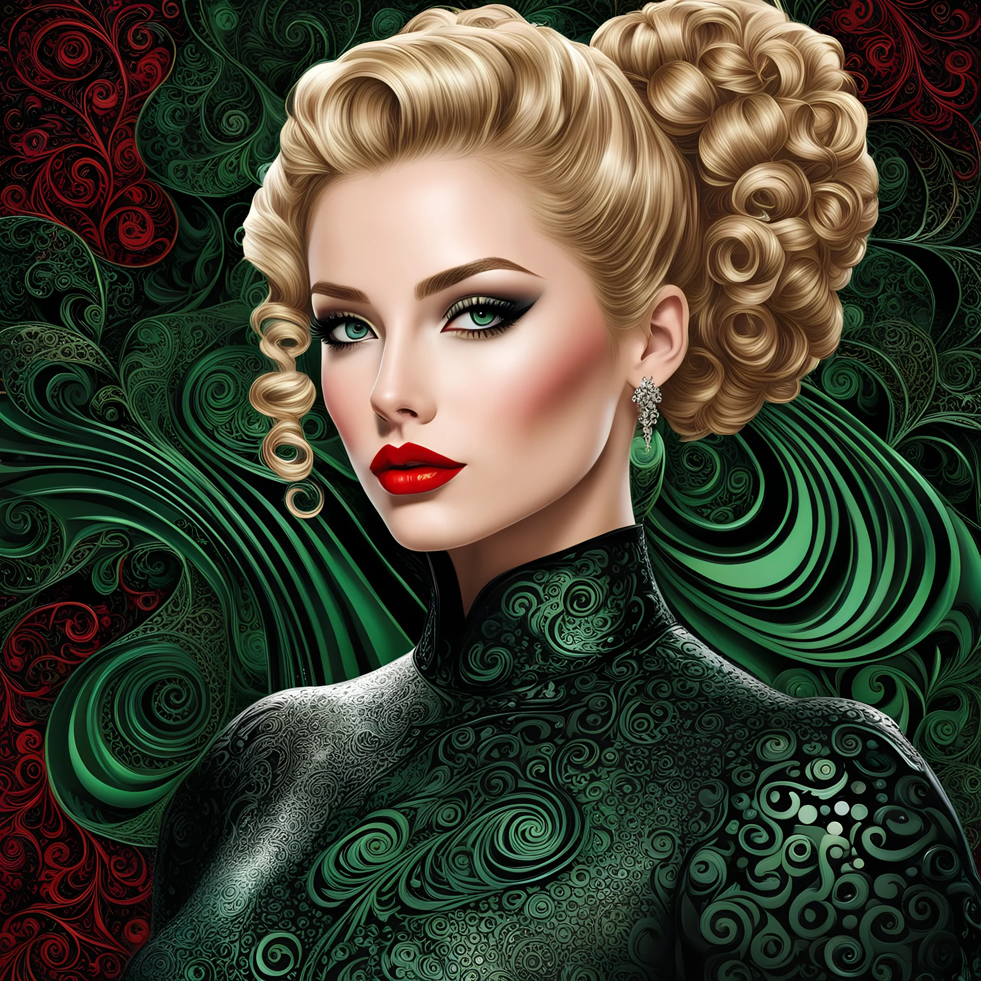 "full body portrait in close up of Pretty woman , pretty eyes, red lips, blond curly hair with bun, black shiny latex dress, black green complex background ,intricate swirls, tiny circles,, , vector fractal, wave function, Zentangle, 3d shading)"