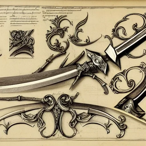 full page scan of 1700s detailed concept art, blueprint of a scissor sword, baroque style illustration, 8k