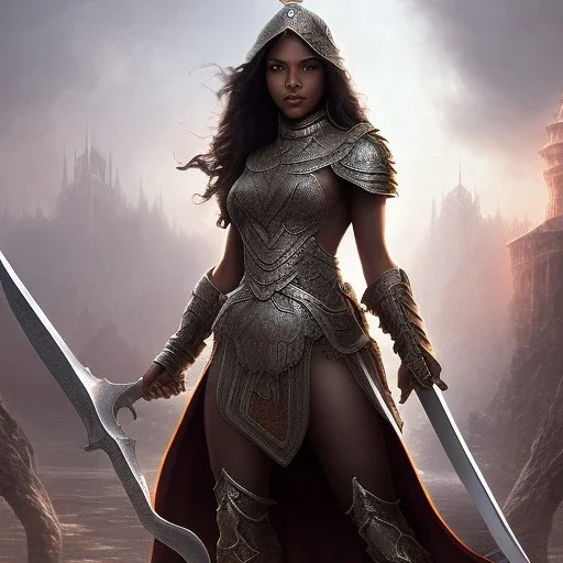 fantasy setting, insanely detailed, dark-skinned woman, indian, black wavy hair, warrior, one sword