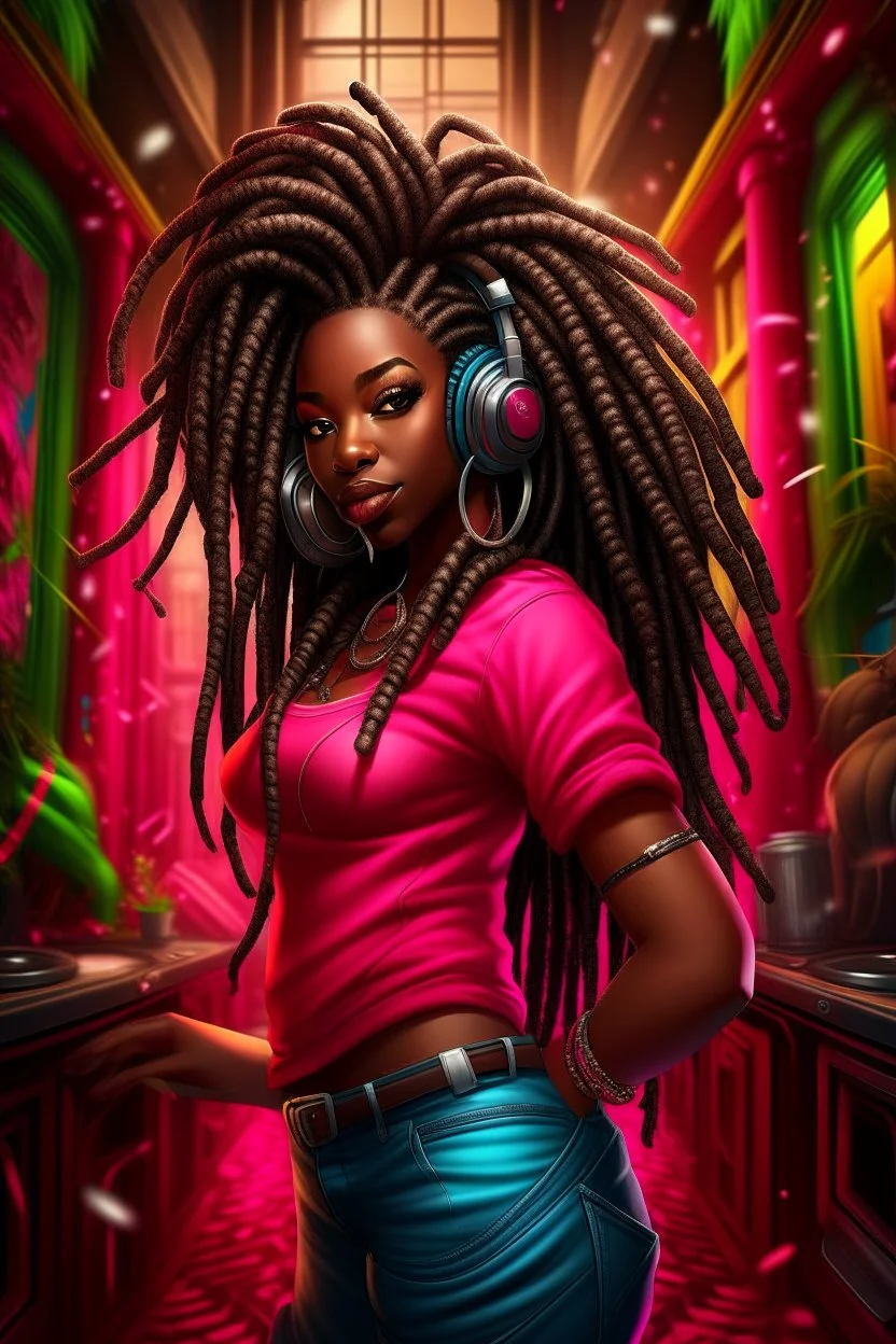 Create a digital airbrush cartoon of a curvy African American female wearing a hot pink jean outfit with timberland boots. Prominent make up with hazel eyes. She is wearing large diamond hoop earrings. Extremely highly detailed very long dread locs hair that shines. Background of a night club.