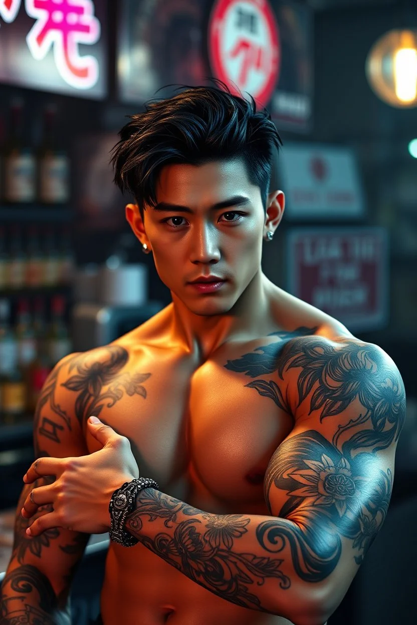 professional photo from attraktive young korean man with elaborate detailed warrior tattooed him arms. The character’s muscular build, some ring jewelry, dark hair, dark asian eyes, young korean man attractive masculine face with realistic skin, no anime face, shadows, pale light, cyber urban bar, blur background