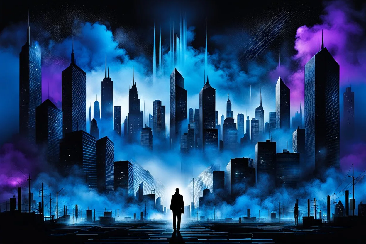 A vibrant blue energy betwen the houses, a deep black, purple sky. the essence of the energetic and captivating , in nightly scene in the higtech cyber city where a human siluette standing in fog, looking to the city. On towers codes languages. surrealism and minimalism, abstract symbols, splash art, black drawing with ink, blurring effect