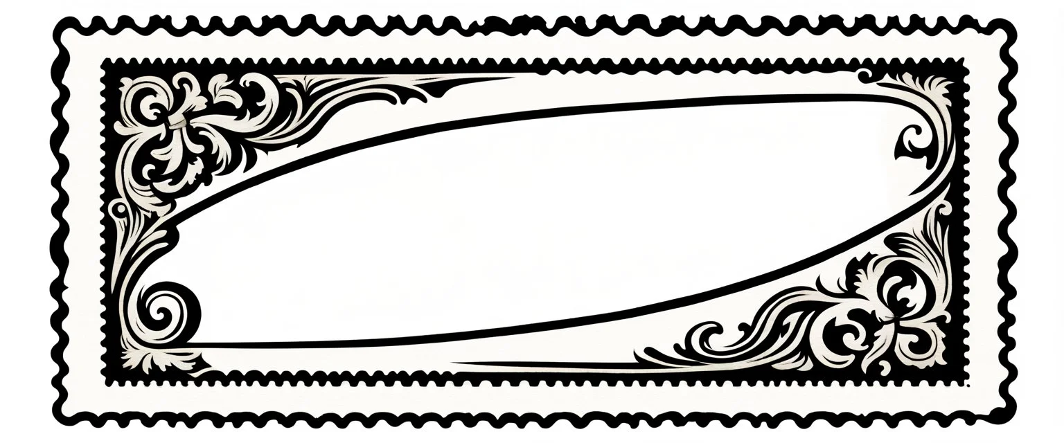 an old engraved stamp with decorative corner elements in the top left and bottom right. add extra elements and color from antique printing