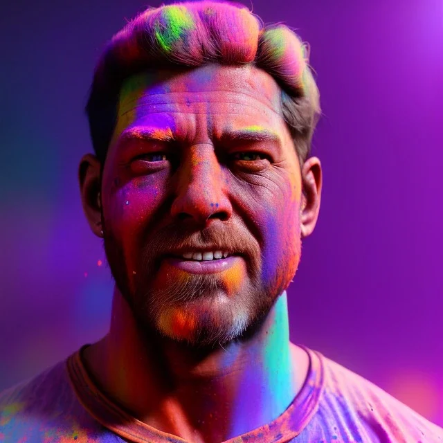 Ultra realistic portrait, color holi festival style, night scene. Strong man , waist up view, happy, highly detailed, concept art, unreal engine 5, god rays, ray tracing, RTX, lumen lighting, ultra detail, volumetric lighting, 3d, finely drawn, high definition, high resolution.