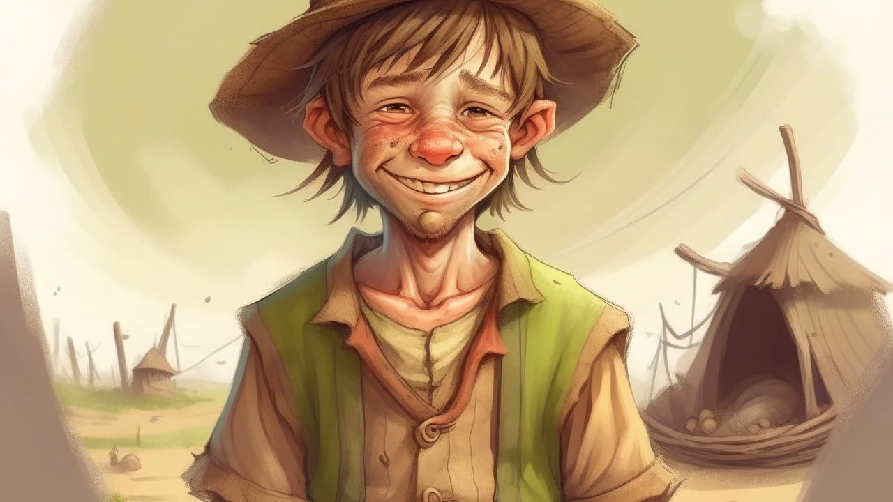 fantasy illustration of a poor country boy. He is 10 years old ,his clothes are torn, but he looks happy.