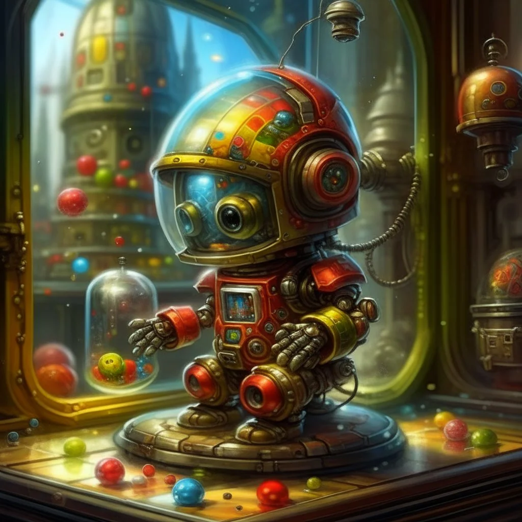 Prompt: "In the style of Chris Dunn, concept art for a transparent glass baby robot full of gumballs who is also a gumball machine. He has big eyes and a transparent helmet full of gumballs and is juggling gumballs in front of a futuristic cityscape. The art has a steampunk and a retro science fiction style with vibrant colors. It is a digital illustration with high detail. The background features a fantasy world with an epic composition and cinematic lighting."