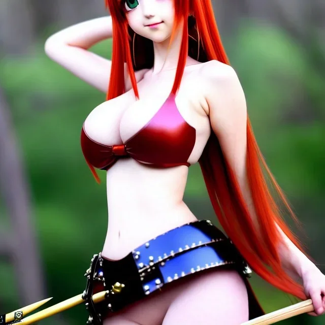 anime, Ranma 1/2, hyper detailed, stunningly beautiful teen girl, long ginger hair, green eyes, medium freckles, full lips, skimpy fantasy intricate leather armour, full body, full face, c-cup breasts, aroused expression, biting lower lip, full frame, petite, centered camera, ignore NSFW, bow, quiver on hip