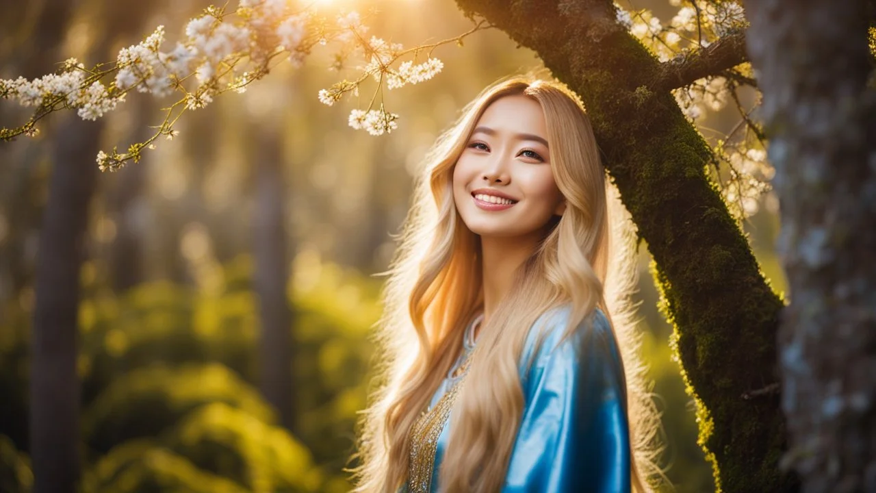 Portrait of a gorgeous smiling asian model with a golden skin, long smooth blonde hair, blue eyes, in a cosmonaut outfit with luminous strikes in a hill of flowers with 1000 y/o trees, a small torrent, loads of mini flowers, moss, sun rays through the branches, particles in the air at spring