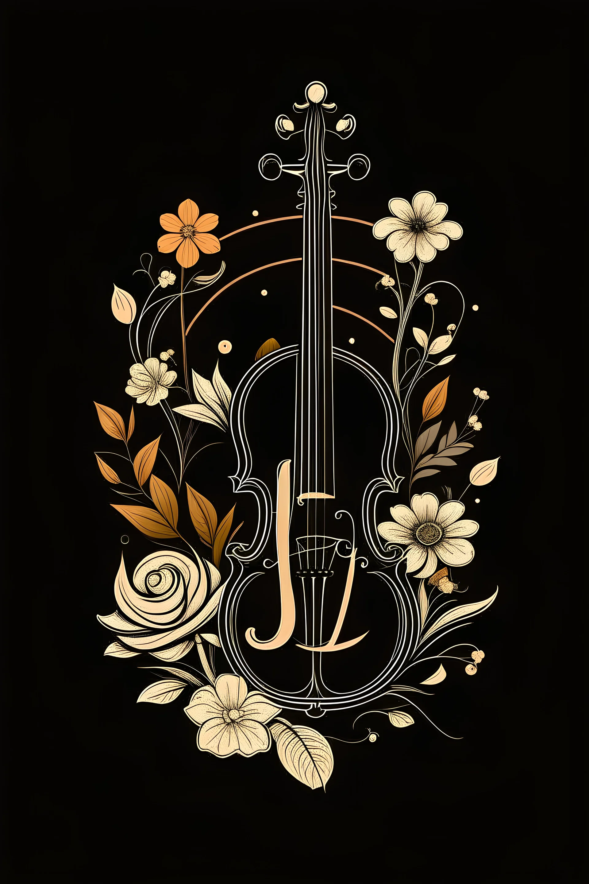 logo con las iniciales J y C legibles, que tenga elegancia, SOLO 1 violín, partituras, flores, libros,