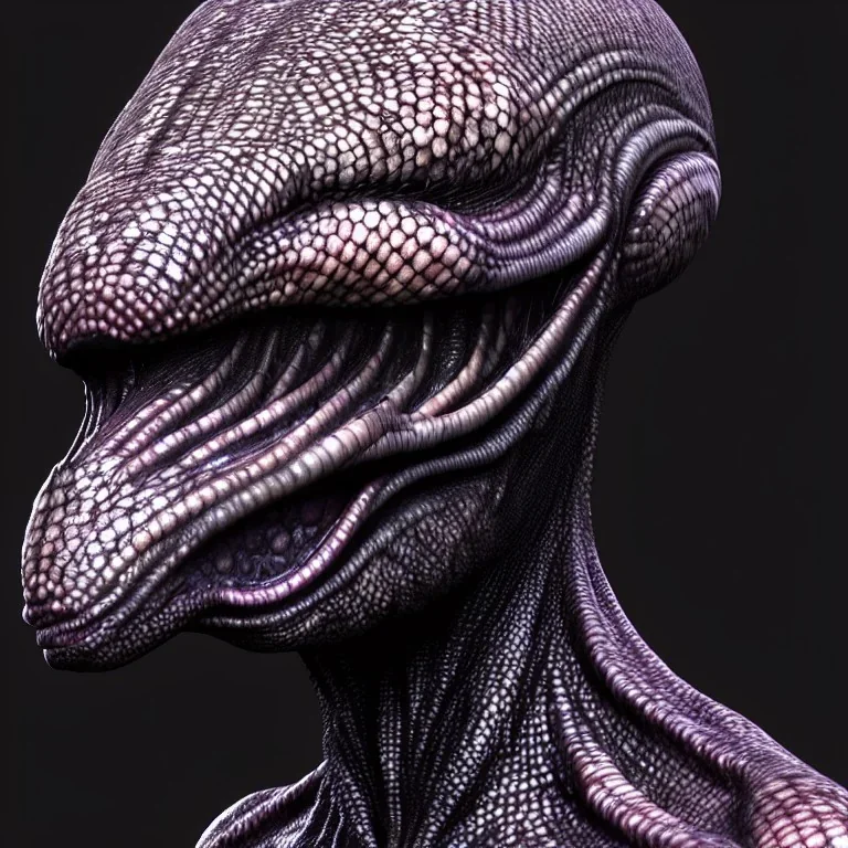 Scary alien with dark rough skin with scales, hyper realistic, photorealistic