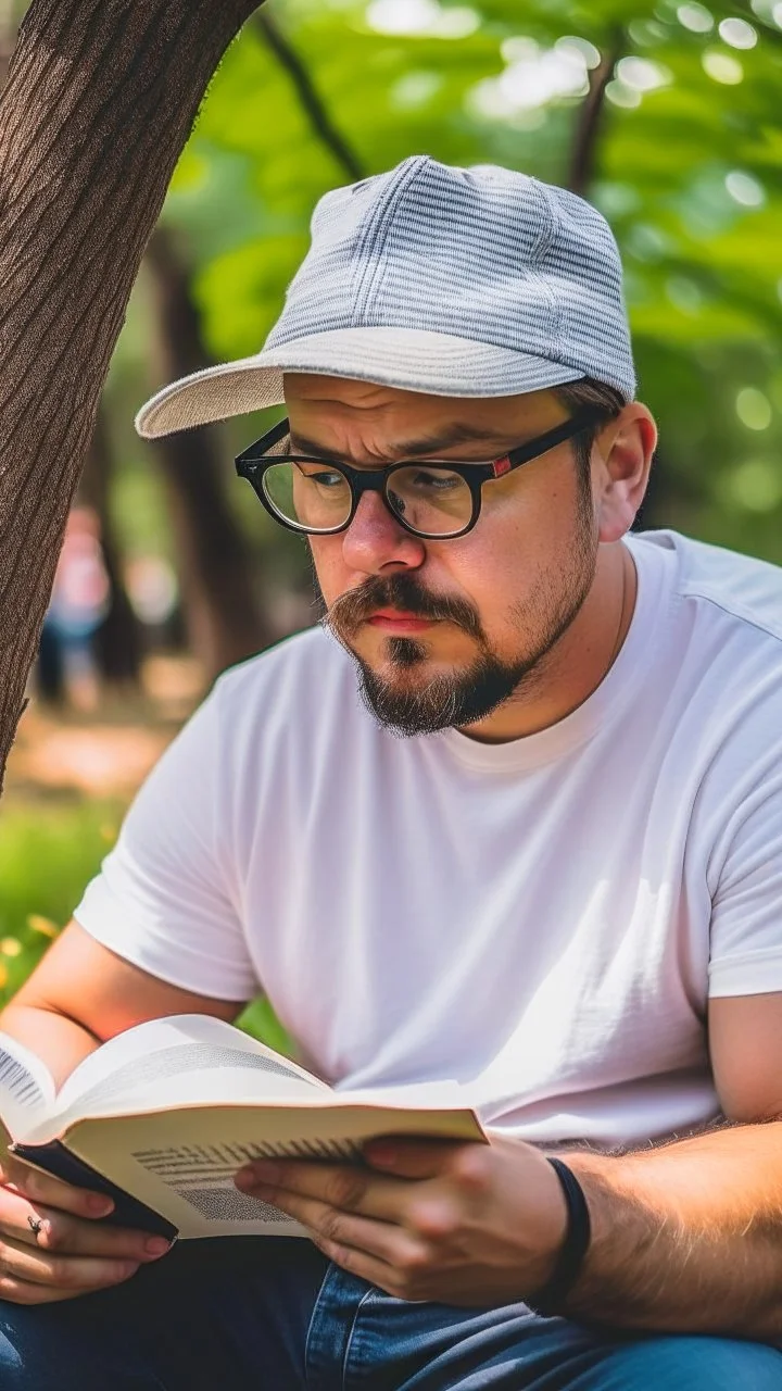 A man wears a white Dad Hat and wears glasses and is busy reading with a tree behind him, high resolution, and the image focuses on the Dad Hat