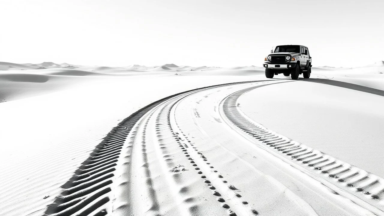 following truck tire tracks in the desert, black on white vector