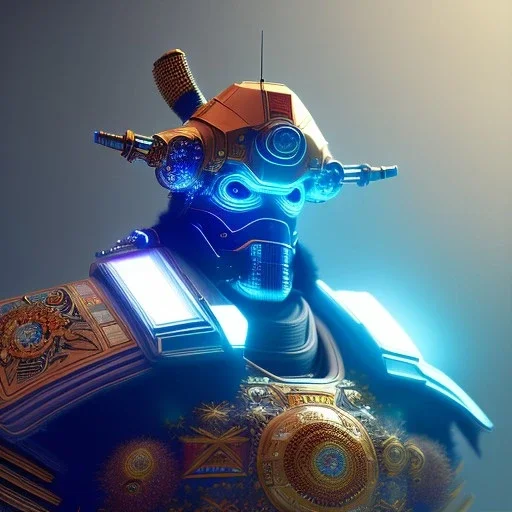 A portrait of a crystalised robot samurai with yakuza tatu, atmospheric, realistic, unreal engine cosmic galactic, cinematic lighting, octane render, random colors, transparent, cosmic ambiance, masterpiece, art by Yoji Shinkawa, composing fit inside