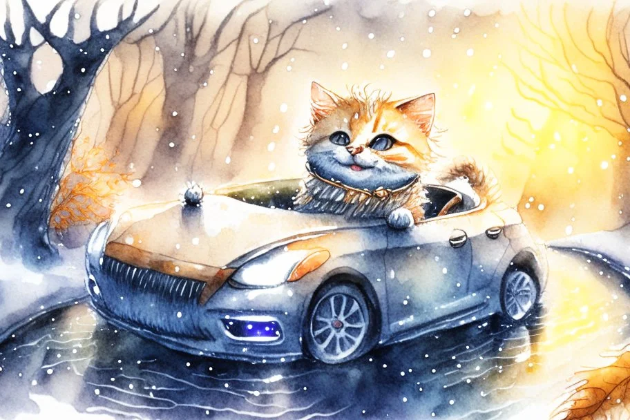 Cute little happy cat scarecrow riding a luxury car, forest path background, winter, snowflakes swirling, waterfall, reflection, mist, sunrise, smooth intricate photorealistic hyperrealistic high definition beautiful lighting pencil sketch watercolor dramatic lighting storybook illustration polished Deep shadows deep color warm light shiny glitters