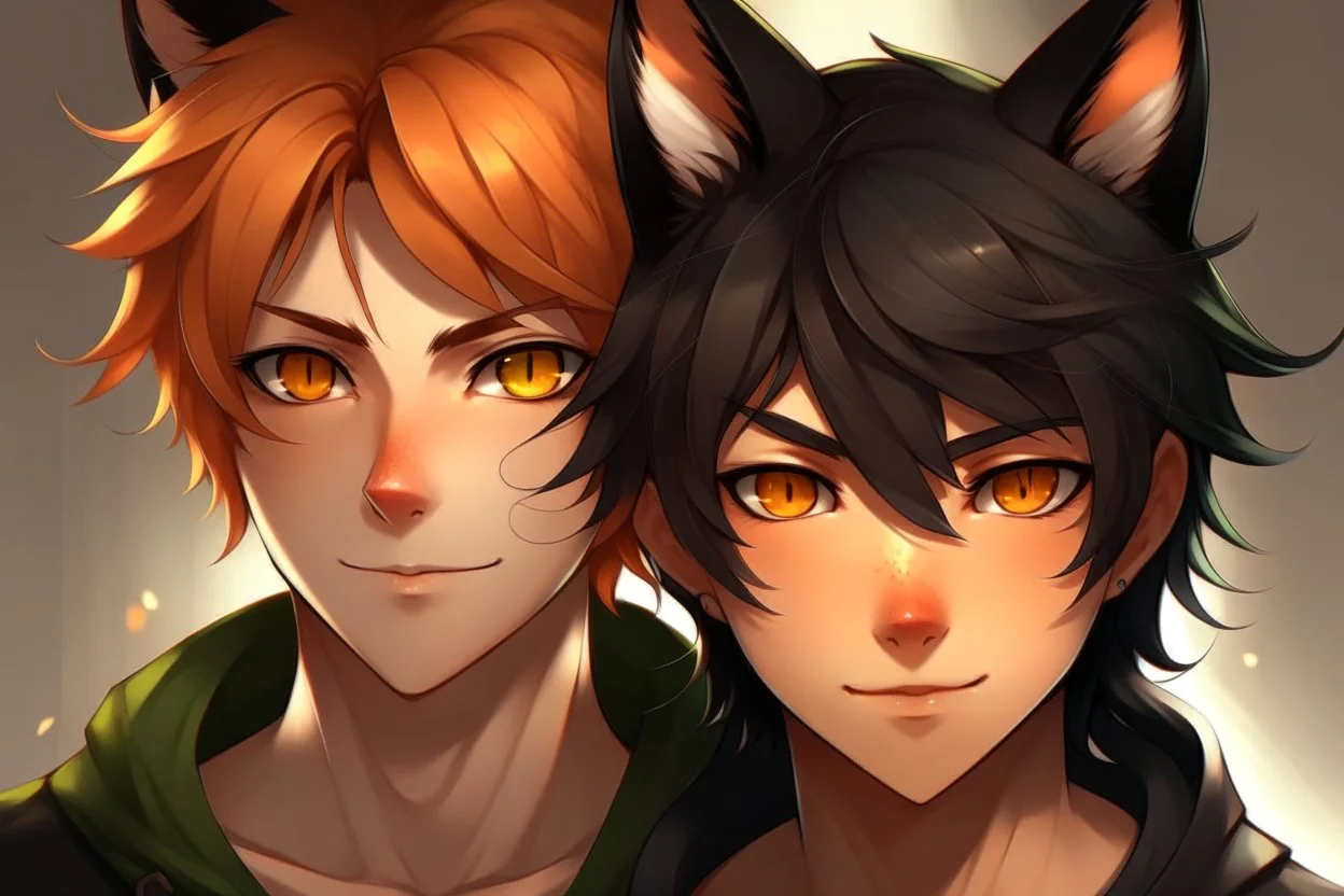 A young adult male with messy black hair, gold eyes, black cat ears, realistic, slight smile with A female with short red hair, dark green eyes, large orange fox ears on top of her head, slight smile, pale skin, realistic