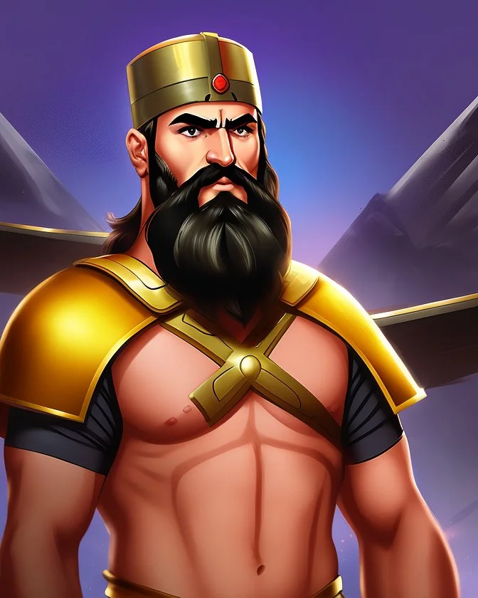 Mesopotamian warrior, expression serious, aura, portrait, background Mesopotamian city, comic style, long beard,
