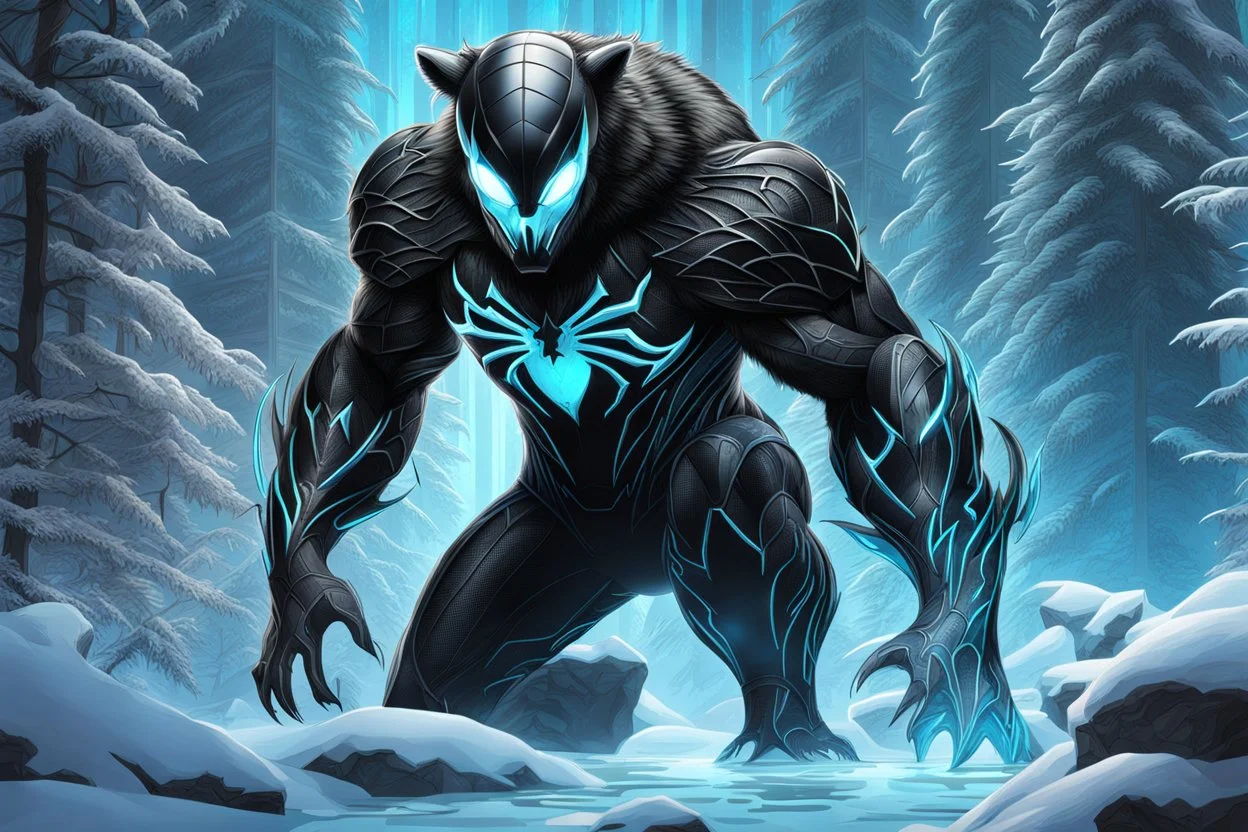 Shadow symbiote in 8k architectural drawing style, bear them, neon ice power, ice forest, highly detailed, high details, detailed portrait, masterpiece,ultra detailed, ultra quality