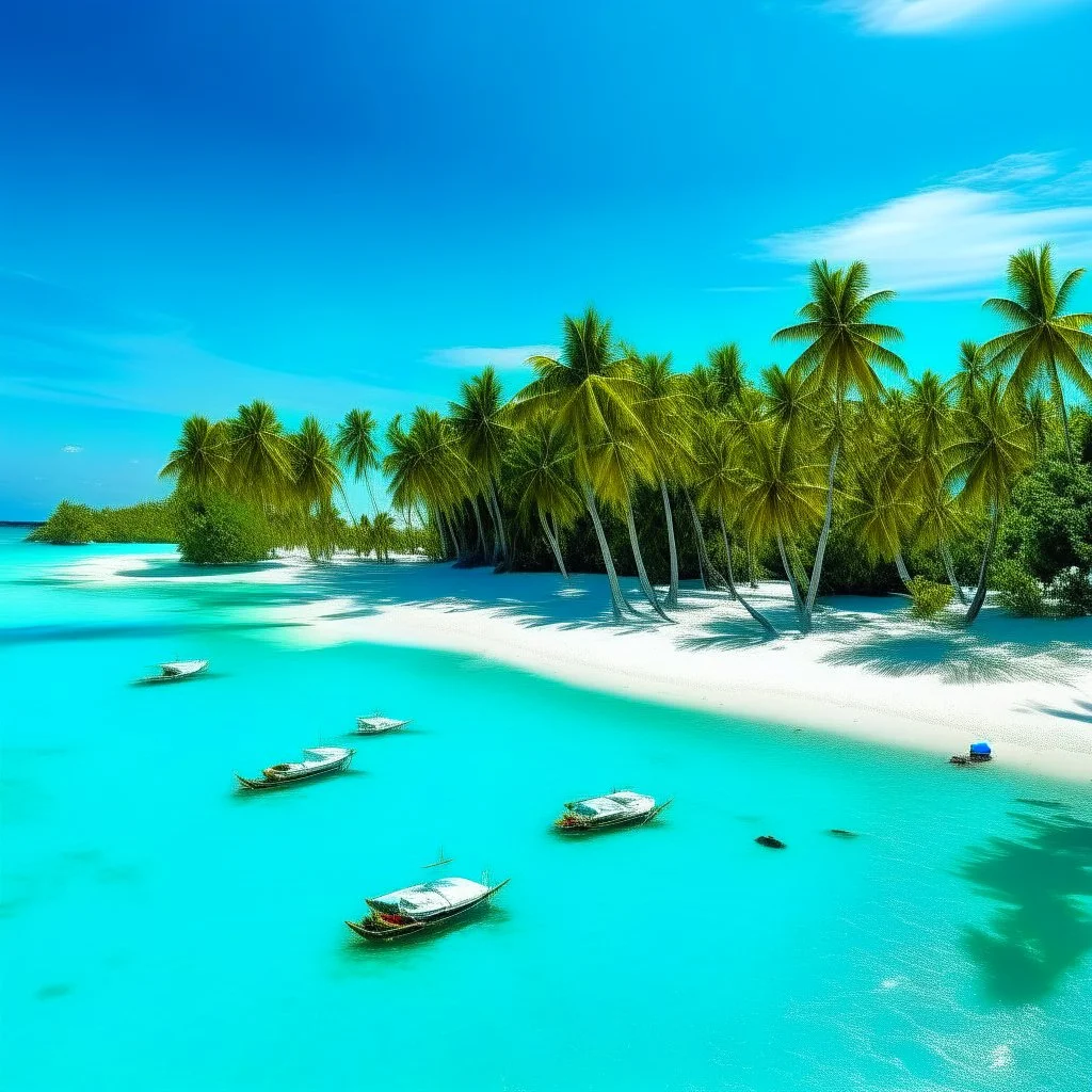 A pristine tropical island with palm trees, speed boats, crystal-clear turquoise waters, and a deserted white-sand beach.