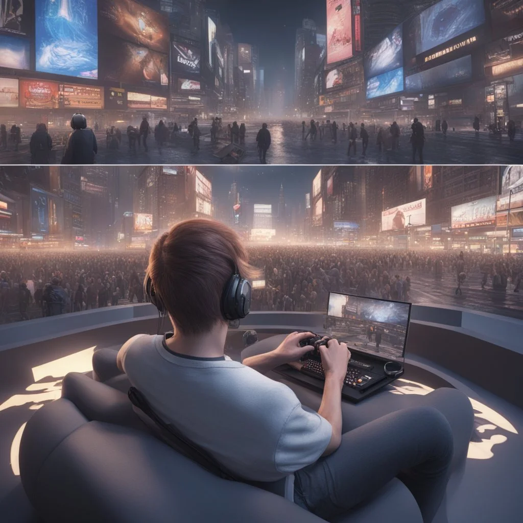 photorealistic trans playing video games on en enormous gaming set up in a middle of a city