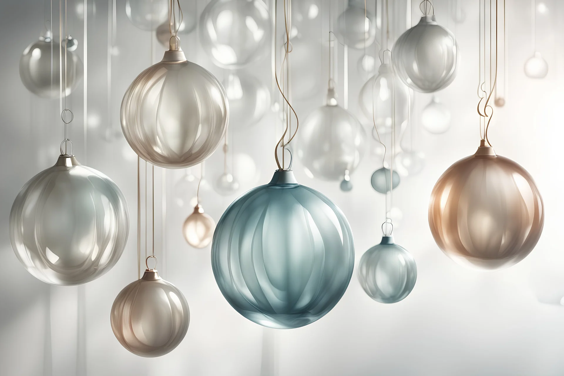 fluted translucent glass ornaments of varying shapes floating in front of a soft blurry light and shadow backdrop wall, digital illustration