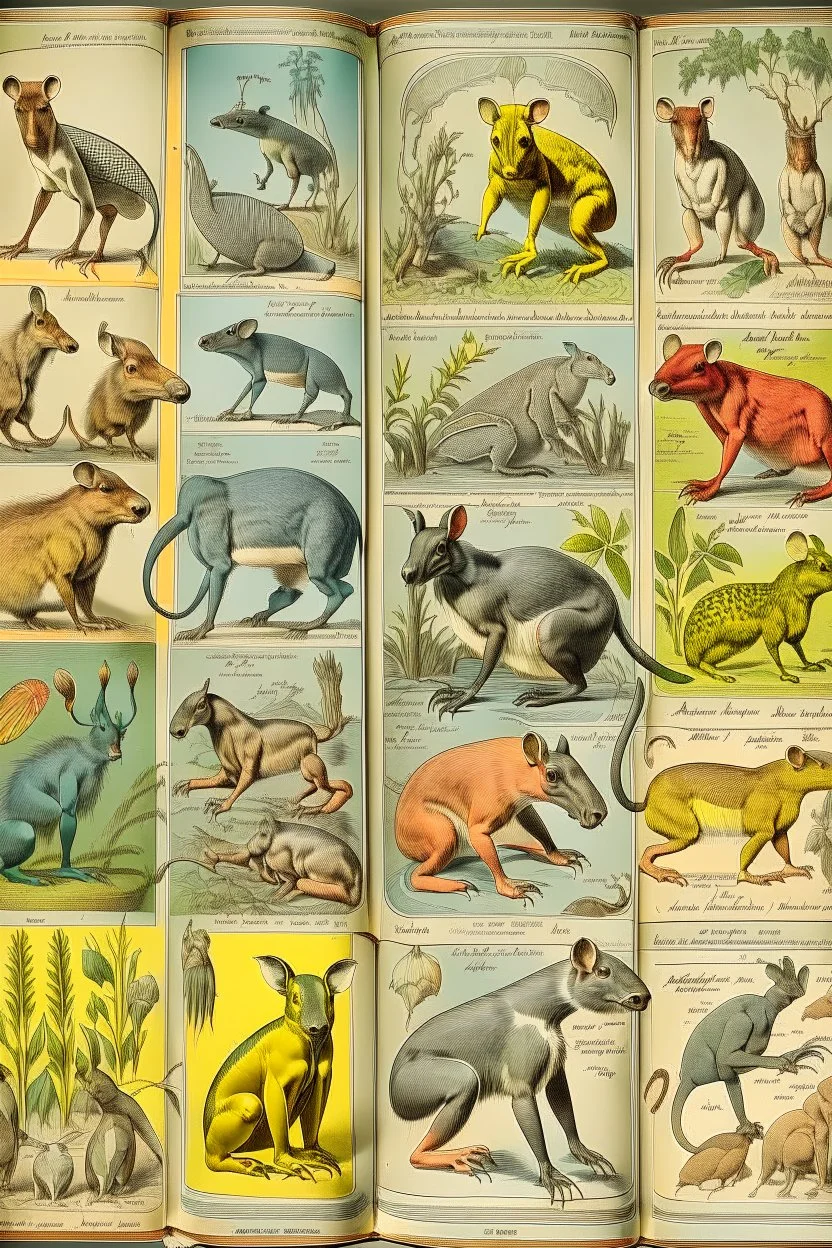 different variations of marsupials montage science book style