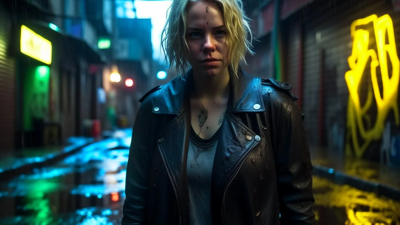 A disheveled Caucasian woman with short, choppy blonde hair, wearing a tattered black leather jacket and ripped jeans, stands in a rain-soaked alleyway at night, a neon sign reflecting in her haunted eyes, lost in an identity crisis.