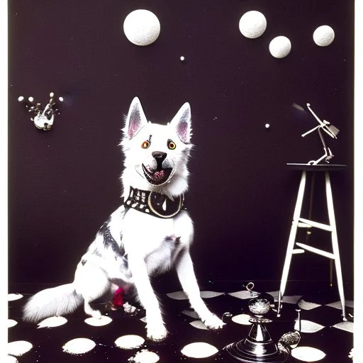 A dog in black dresses adorning a room, 1970s, photography sharp focus by Jean Rollin, hermitpunk, mallgoth, Yves Tanguy