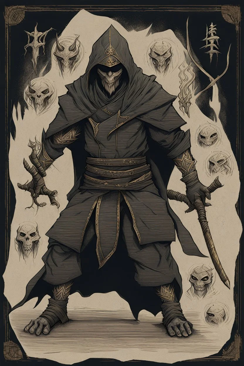 🫀bones demon ninja, black fire magic,magic runes, ancient magi use, text description, golden cape,Sketch book, hand drawn, dark, gritty, realistic sketch, Rough sketch, mix of bold dark lines and loose lines, bold lines, on paper, turnaround character sheet,breath taking, sharp lense, professional photographie, 70mm lense, detail love, good quality, unreal engine 5, wallpaper, colerful, highly detailed, 8k, soft light, photo realistic