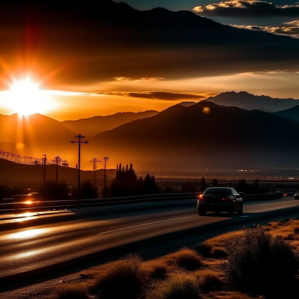 night time, a car driving from a city to the mountains, the sun rising in the distance, photo quality