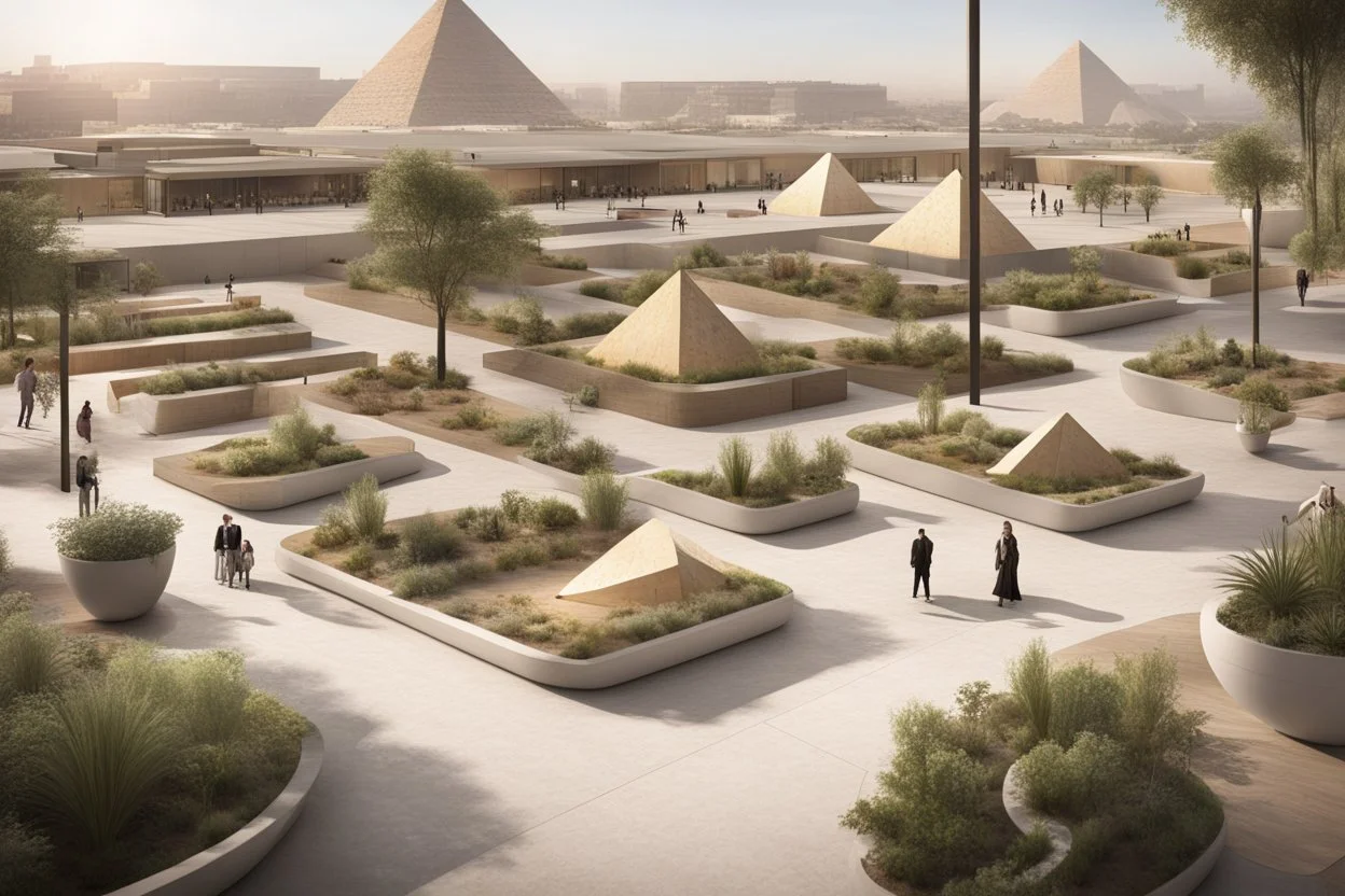 analysis public area with giza pyramids, modern street seating , planters, shops