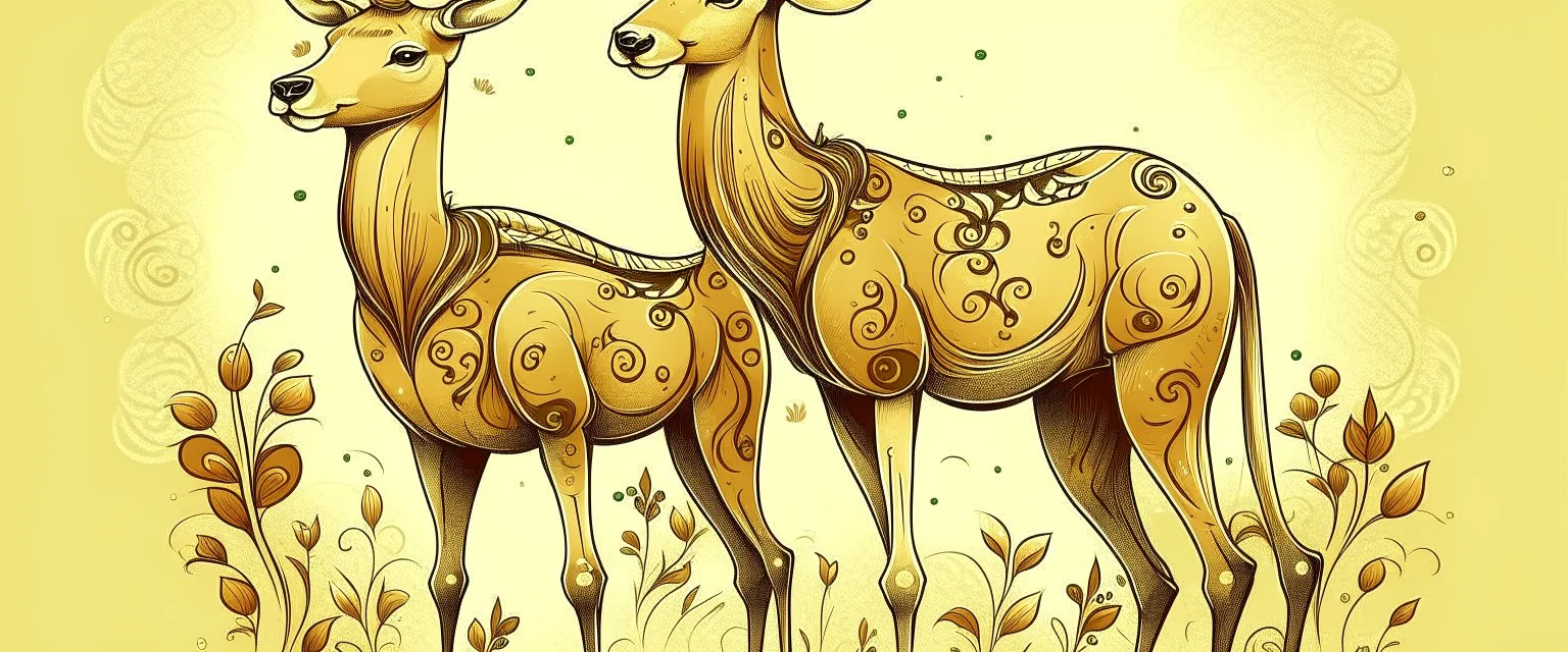 a whimsical illustration of 2 deer, a female deer on the left with body facing left but is looking back to the right, while on the right is a male deer facing left with a look of mild excitement while he glancing at the other's butt, both have upward tails