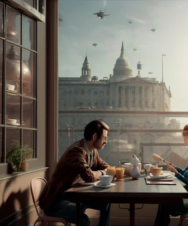 Realistic scene, American shot view, 0 gravity, levitating man and woman sitting in cafeteria and having breakfast, Wes Anderson, fly, floating, soft color, highly detailed, unreal engine 5, ray tracing, RTX, lumen lighting, ultra detail, volumetric lighting, 3d, finely drawn, high definition, high resolution.