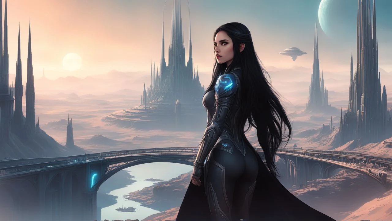 skinny sci-fi girl with long dark hair on an alien planet with tall spires, buildings, bridges, and arches