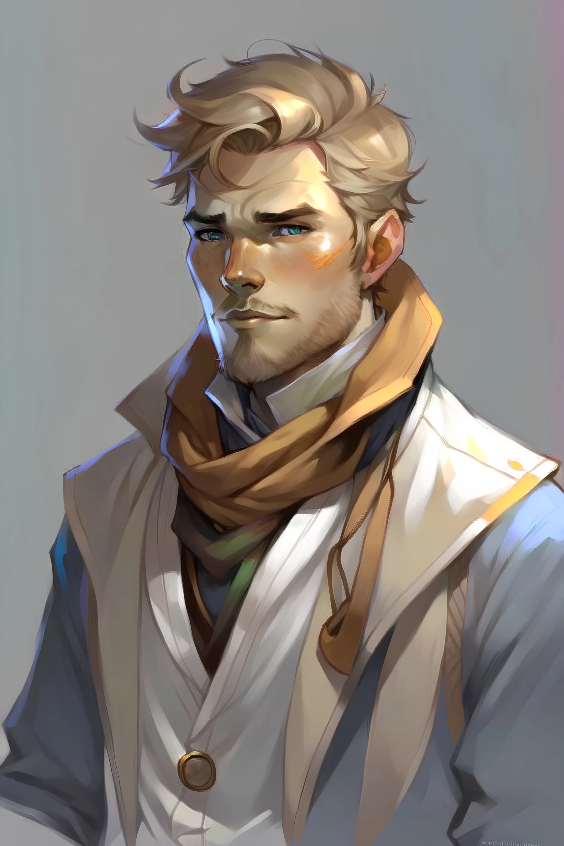 Dnd, rpg, human, male, man in his early thirties, Dishonored video game art style, golden blonde wavy short hair and blue eyes, victorian commoner clothing, white tunic, warm brown vest, dark warm brown blazer, dark orange scarf, stubble, confident, gold hair, blue eyes