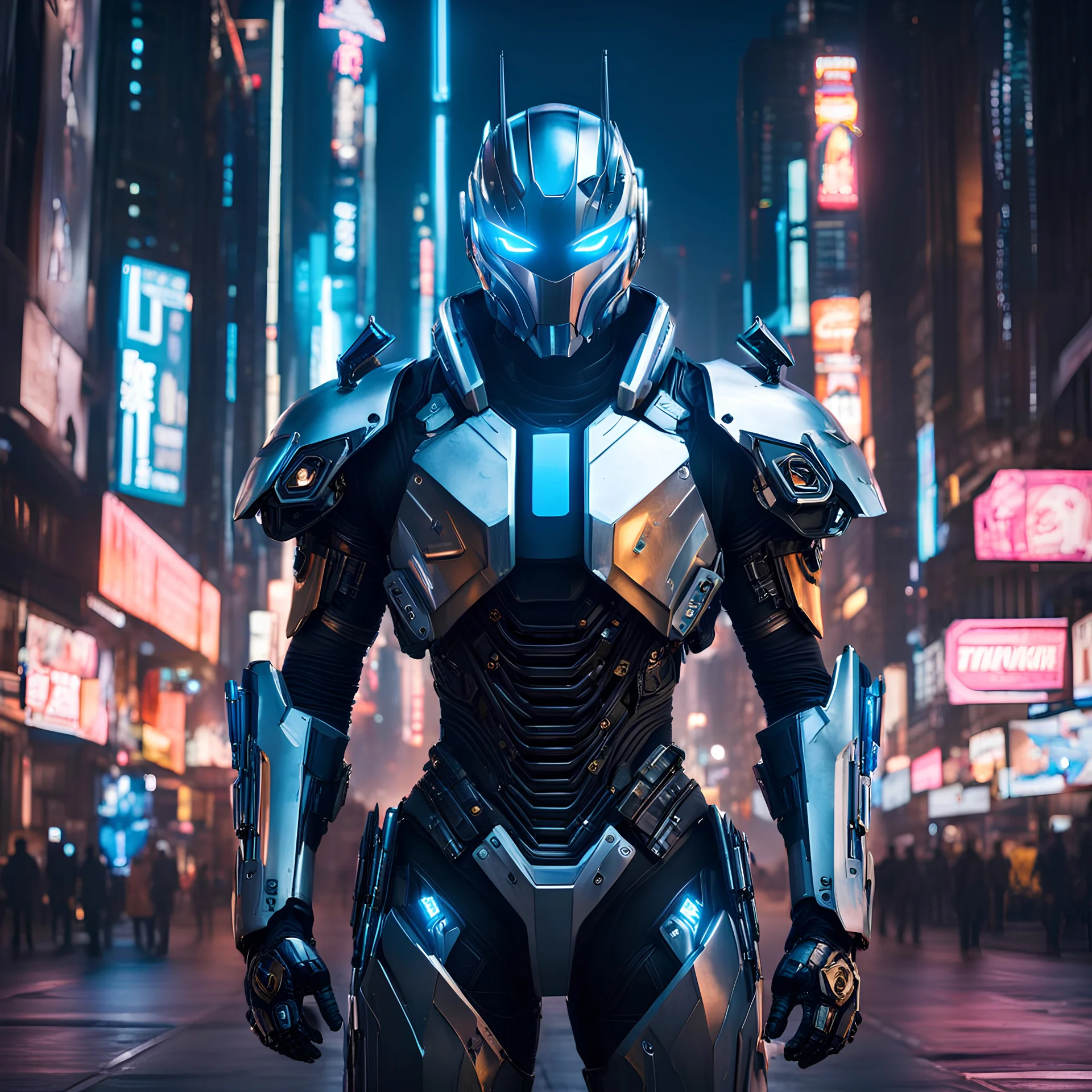full body portrait of in cybernetic armour, face visible, android cyborg, high-tech armor, at night, neon cyberpunk city, modern armorsuit, mechanical enhancement, technological breakthrough futuristic, bustling streets