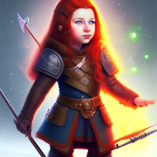 Halfling, girl, full body, red hair, adventure, sharp, green eyes, magic staff