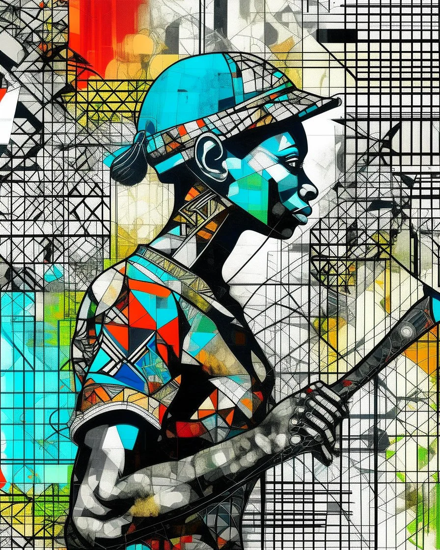 an extreme abstract acrylic and ink and battered paper photo collage poster of a heavily stylized factory worker holding a hammer, an unexpected arafed improbability with a checkered juxtaposition, liminal space, tribal patterns, memories of negative space, amazing reflections, amazing curves, amazing transparency, split vibe, double exposure influence, heavy zigzag vibe, side view, afrofuturism