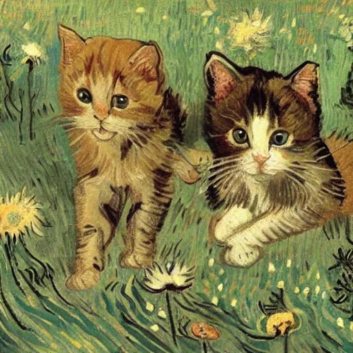 Portrait of kittens in a field of flowers at night by Van Gogh