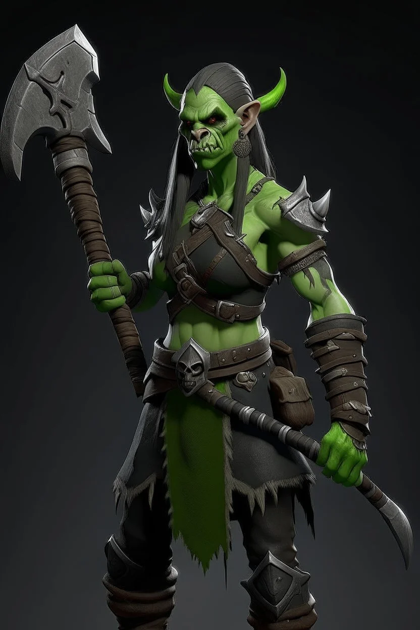 green skin tall female orc platted ponytail pirate barbarian long axe