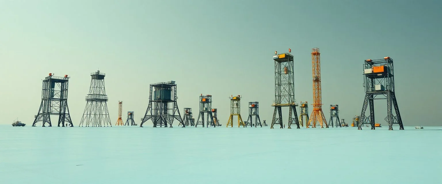 Fotografia di una superficie piatta di colore azzurro chiaro e giallo pastello, su cui si ergono enormi surreali strutture di forma astratta e surreale, di metallo, di colori vari, forti contrasti. Buio. Yves Tanguy odd style. Strong 3d deep field. Oscurità, paranoic, obsessive, homologic, phobic, nightmare, notte, glossy, hasselblad h6d400c --ar 85:128 --v 6.