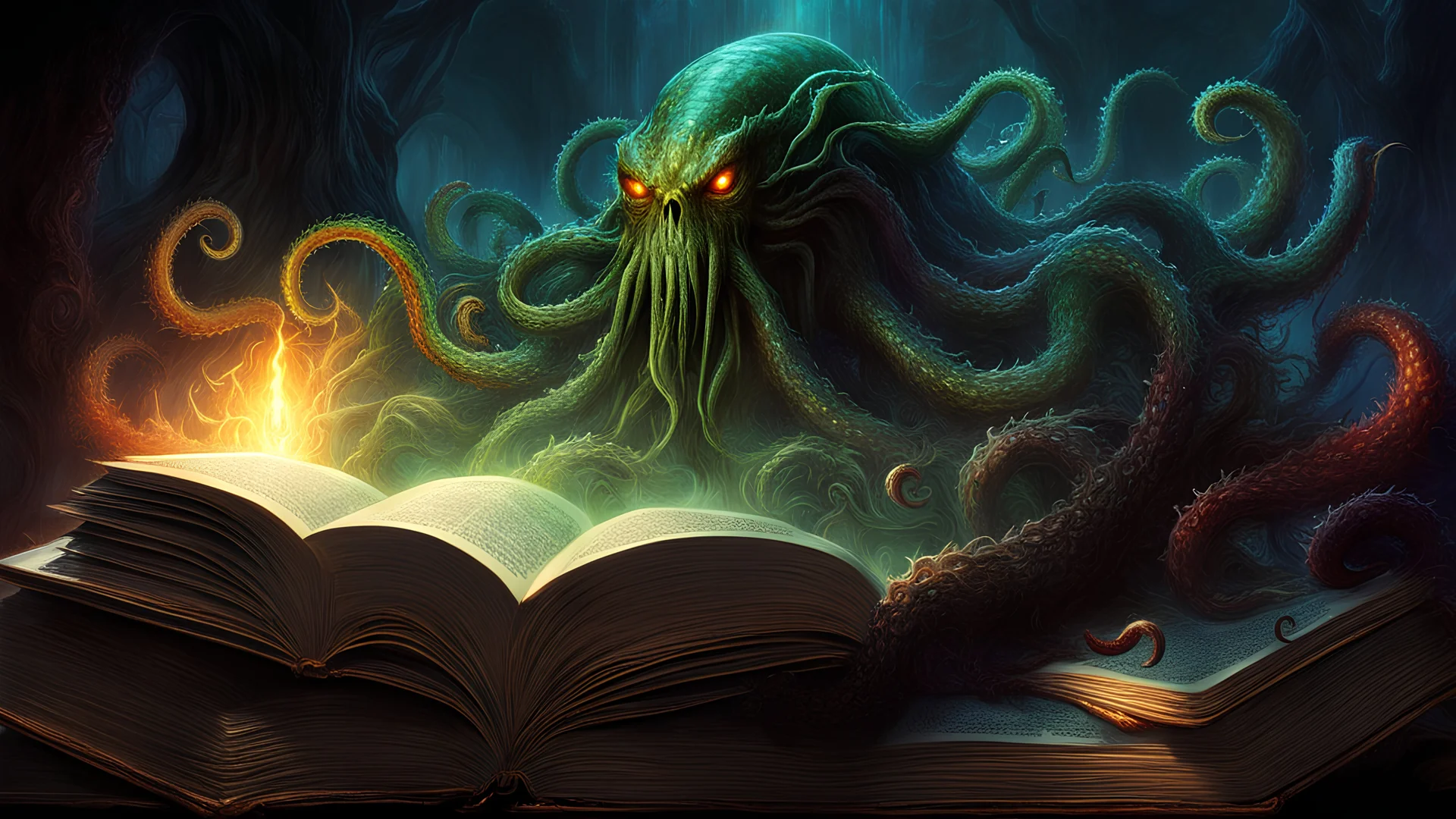 Lovecraftian tentacles and monsters coming out of an open book, necronomicon, Eldritch, ethereal, arcane, hell, horror, intricate linework, cinematic lighting, in the styles of Bob Eggleton and Philippe Druillet and Ron Walotsky, artstation trending, elegant, flowing vapor