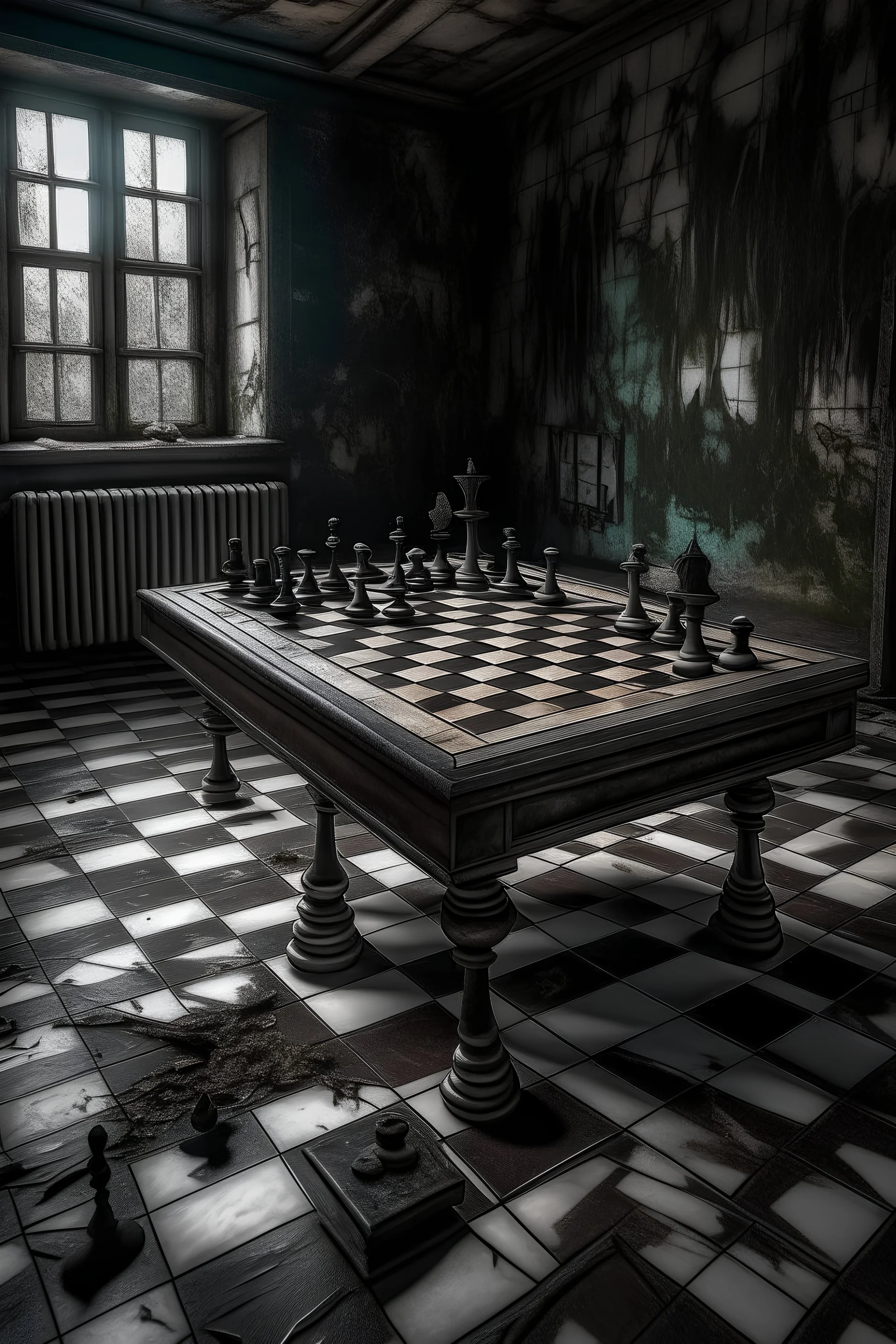 a chess board around a rotting old dark creepy room