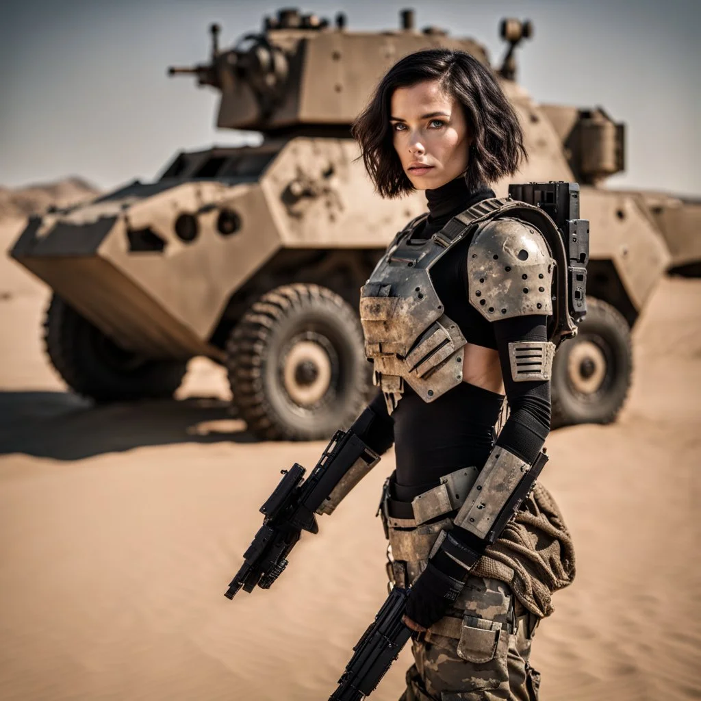 futuristic beautiful caucasian half cyborg female soldier, black metal body and limbs, scratched sand camo metal details, short brunette wavy bob haircut, dystopian, desert scene