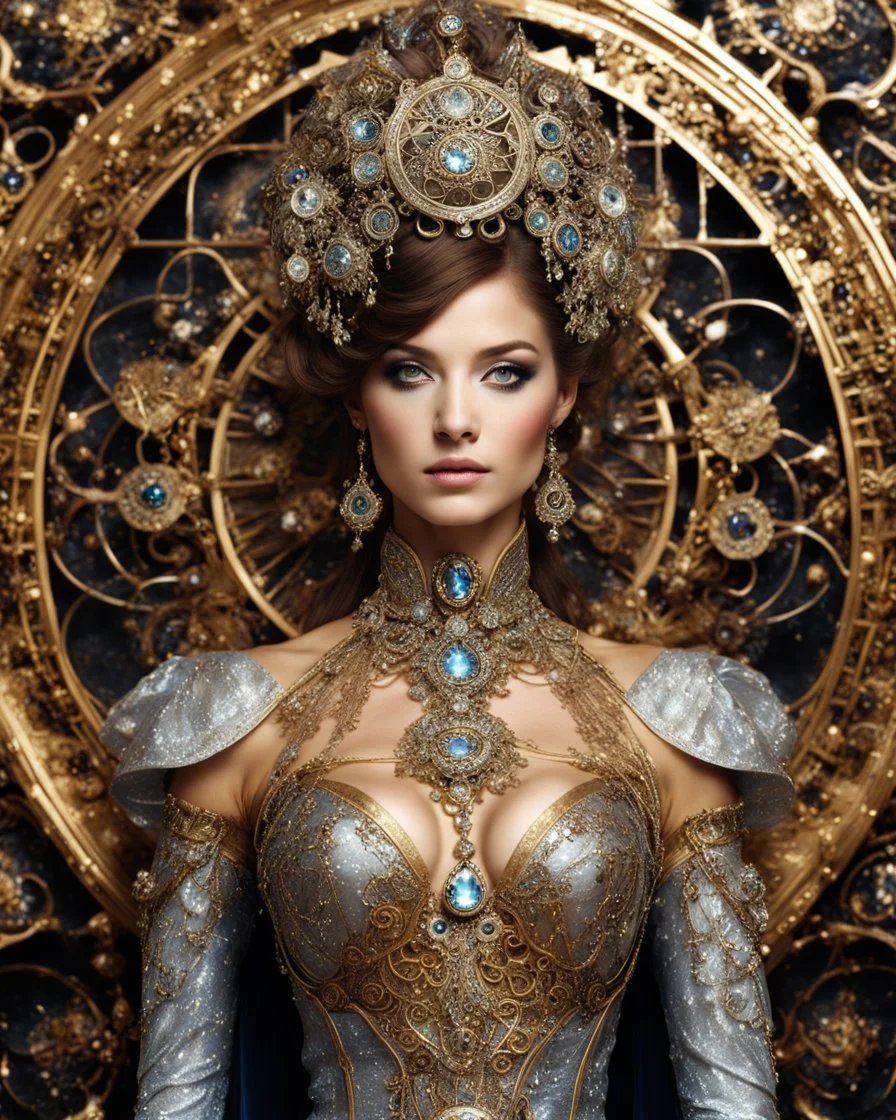 Length Photography Luxurious steampunk fashion beautiful super model highly intricately detailed photograph as of a beautiful celestial metallic bright shines filigree lady,luxurious jewelrys diamonds shining,glitter spark,centered, fantastical, fantasy, in the style hyperrealistic, a beautiful Digital Photography art, concept art, sharp focus, studio photo, intricate details, highly detailed in realistic photography