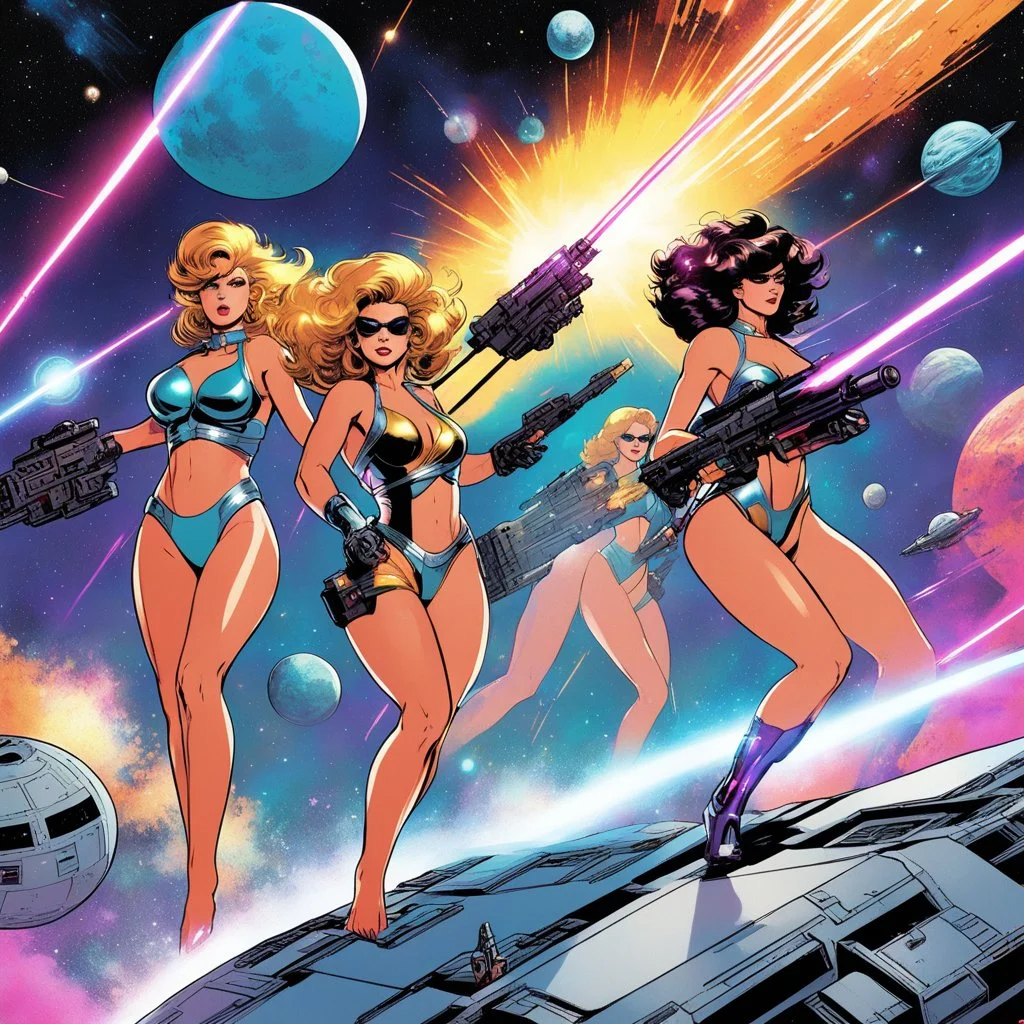 Three powerful women in metallic, futuristic bikinis engage in a dynamic laser blaster battle on a space platform. The artwork is rendered in a vibrant, vintage comic book style with psychedelic colors, retro spaceships, and cosmic explosions.