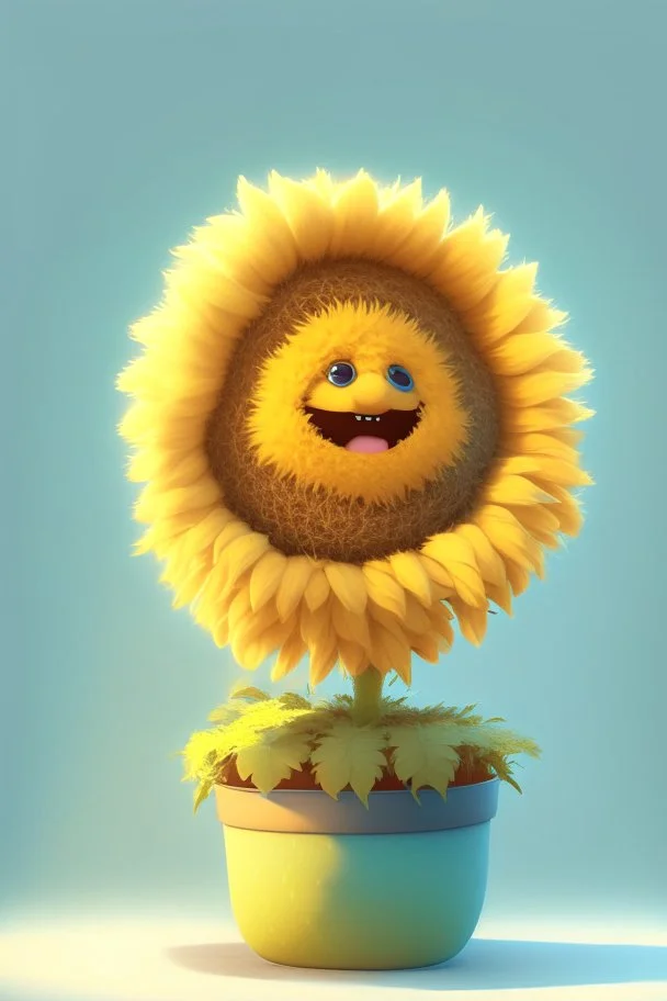 Cheery and cute sunflower in a pot avatar full body in fluffy material