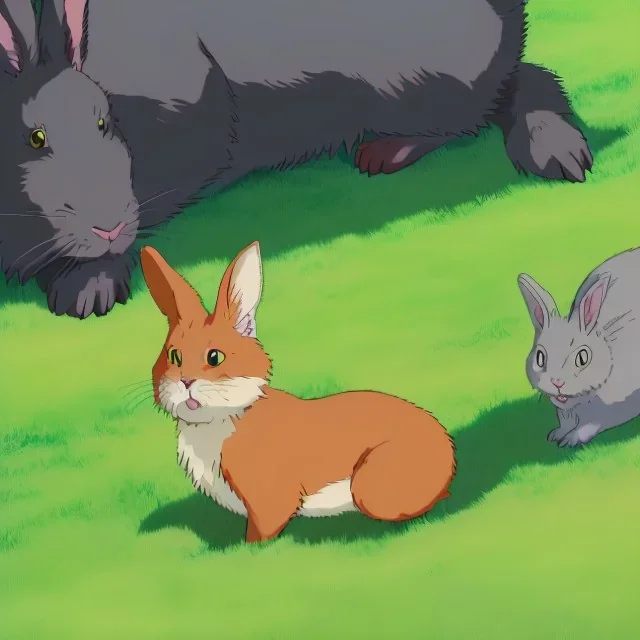 image with 3 animals: 1 ginger cat + 2 rabbits. one rabbit is grey, the other is grey and black.